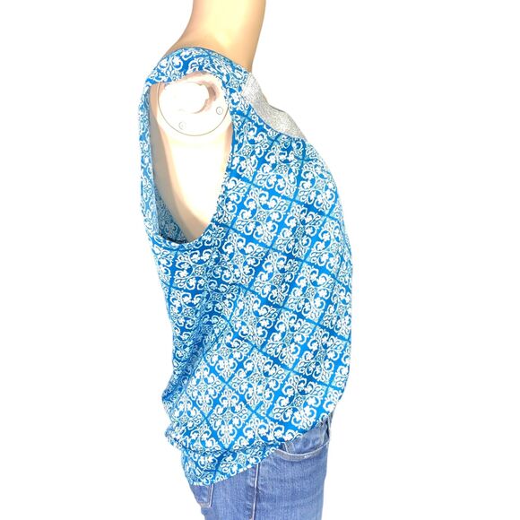 GAP Womens Blouse Top Silver Collared Sleeveless Pullover Teal White Medium - Picture 3 of 12